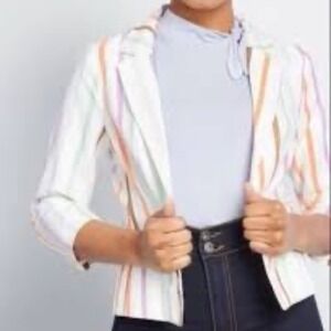 MODCLOTH Women Medium Sophistication Open Front Striped Linen‎ Cotton Blazer